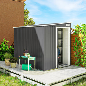 5 x 7FT Lean to Outdoor Storage Shed with Foundation Kit, Metal Garden Shed with Adjustable Shelves, Sliding Door, Vents, Hooks for Backyard, Patio, Lawn, Dark Grey