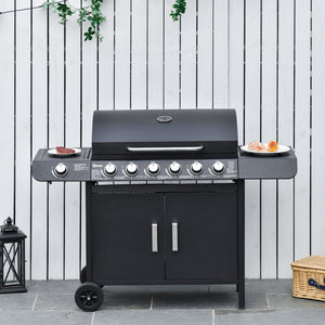 6+1 Burner Gas BBQ Grill, Outdoor Barbecue Trolley with Wheels, Warming Rack, Side Shelves, Cabinet, Thermometer for Garden, Party, Camping, 135 x 51.5 x 100cm, Black