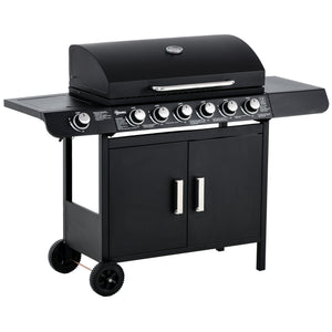 6+1 Burner Gas BBQ Grill, Outdoor Barbecue Trolley with Wheels, Warming Rack, Side Shelves, Cabinet, Thermometer for Garden, Party, Camping, 135 x 51.5 x 100cm, Black