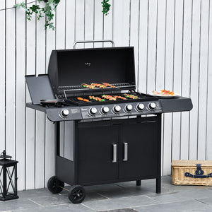 6+1 Burner Gas BBQ Grill, Outdoor Barbecue Trolley with Wheels, Warming Rack, Side Shelves, Cabinet, Thermometer for Garden, Party, Camping, 135 x 51.5 x 100cm, Black