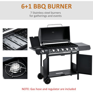 6+1 Burner Gas BBQ Grill, Outdoor Barbecue Trolley with Wheels, Warming Rack, Side Shelves, Cabinet, Thermometer for Garden, Party, Camping, 135 x 51.5 x 100cm, Black