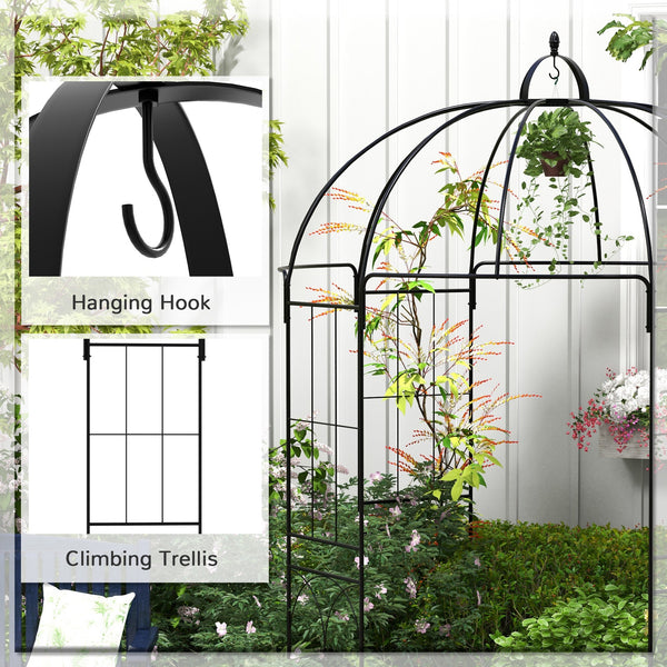 Birdcage Shape Garden Arbour, Metal Gazebo Pergola Pavilion for Climbing Plants, Lights, Flowers, French Style Arch Trellis with Hook for Wedding, Party, Ceremony, Black