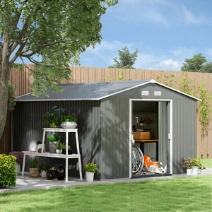 9' x 11' Metal Garden Storage Shed with Foundation Kit & Double Doors, Light Grey