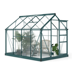6 x 8ft Polycarbonate Greenhouse, Large Walk-In Green House with Slide Door and Window, Garden Plants Grow House with Aluminium Frame and Foundation, Dark Green