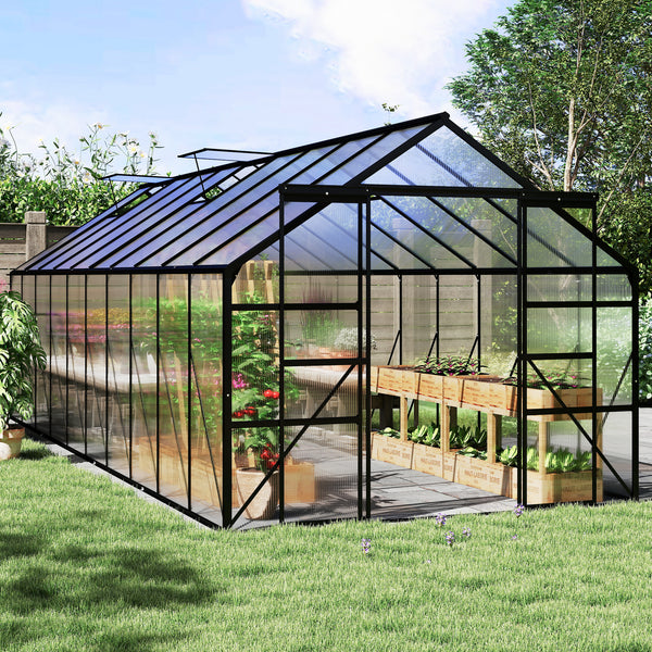 Greenhouse with plants and garden setup in a backyard