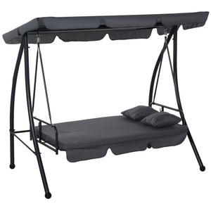 Patio Swing Chair, 3 Person Convertible Hammock, Outdoor Swing Lounge Bed, Cushioned with Tilt Canopy, Dark Grey