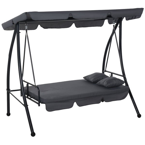 Patio Swing Chair, 3 Person Convertible Hammock, Outdoor Swing Lounge Bed, Cushioned with Tilt Canopy, Dark Grey