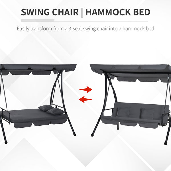 Patio Swing Chair, 3 Person Convertible Hammock, Outdoor Swing Lounge Bed, Cushioned with Tilt Canopy, Dark Grey