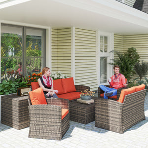 6 Pieces Wicker Patio Furniture Set with Cushions, 7-Seater Rattan Patio Sofa Set with Storage Coffee Table & Side Table, Sectional Outdoor Furniture Set, Orange