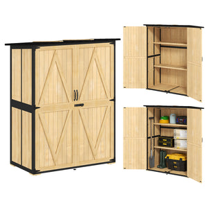 Outdoor Storage Cabinet, Wood Garden Tool Shed with Steel Frame and Asphalt Roof, Garden Storage Shed with 2 Shelves, Lockable Doors and Adjustable Feet for Patio Backyard Lawn, Natural