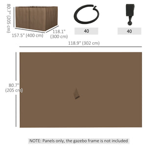 10' x 10' Universal Gazebo Sidewall Set with 4 Panels, Hooks/C-Rings Included for Pergolas & Cabanas, Brown
