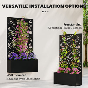 Metal Raised Garden Bed with Trellis for Climbing Plants, Freestanding or Wall Mounted Flower Bed with Privacy Panel, Butterfly Cut-Out Outdoor Planter Box for Garden, Patio, Balcony