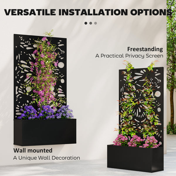 Metal Raised Garden Bed with Trellis for Climbing Plants, Freestanding or Wall Mounted Flower Bed with Privacy Panel, Butterfly Cut-Out Outdoor Planter Box for Garden, Patio, Balcony