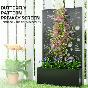 Metal Raised Garden Bed with Trellis for Climbing Plants, Freestanding or Wall Mounted Flower Bed with Privacy Panel, Butterfly Cut-Out Outdoor Planter Box for Garden, Patio, Balcony