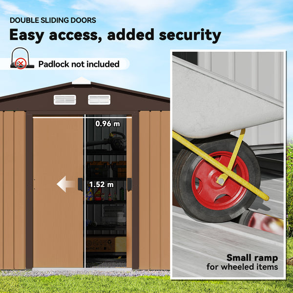 9 x 6ft Metal Garden Shed, Outdoor Storage Tool House with Ventilation Slots, Foundation Kit and Lockable Double Doors, Light Brown