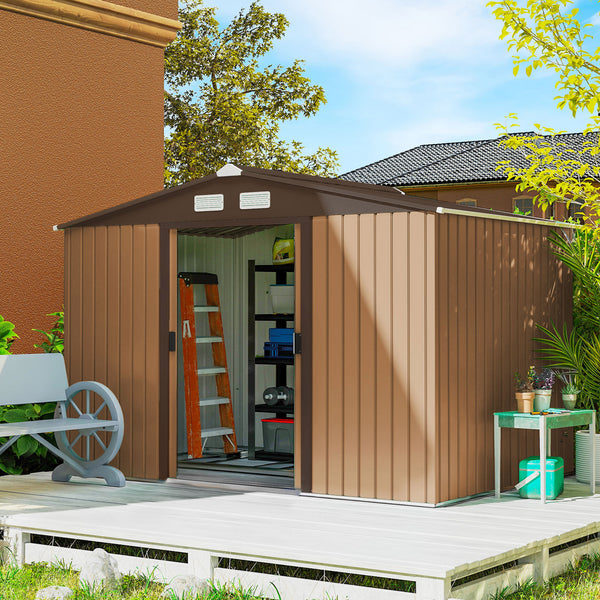 9' x 6' Garden Storage Shed with Foundation Kit, Metal Tool Storage House with Double Doors for Outdoor Patio Yard, Brown