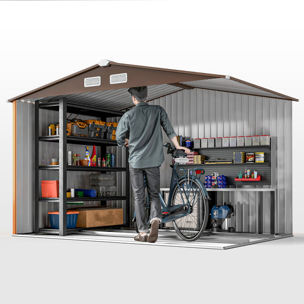 9' x 6' Garden Storage Shed with Foundation Kit, Metal Tool Storage House with Double Doors for Outdoor Patio Yard, Brown
