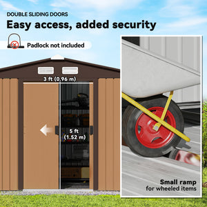 9' x 6' Garden Storage Shed with Foundation Kit, Metal Tool Storage House with Double Doors for Outdoor Patio Yard, Brown