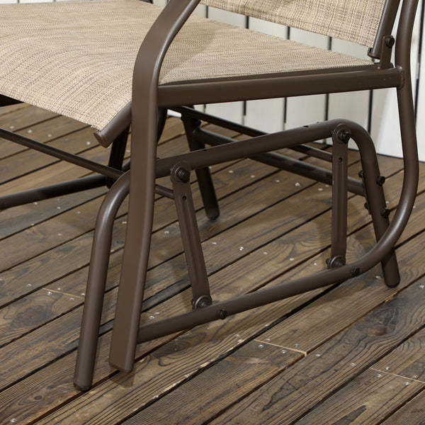 3 Piece Patio Glider Set, Outdoor Gliders with Glass Top Table, Breathable Mesh Seat, or Garden, Country Yard, Porch, Light Mixed Brown