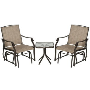 3 Piece Patio Glider Set, Outdoor Gliders with Glass Top Table, Breathable Mesh Seat, or Garden, Country Yard, Porch, Light Mixed Brown
