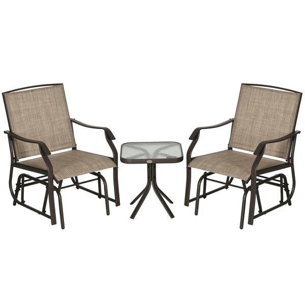 3 Piece Patio Glider Set, Outdoor Gliders with Glass Top Table, Breathable Mesh Seat, or Garden, Country Yard, Porch, Light Mixed Brown