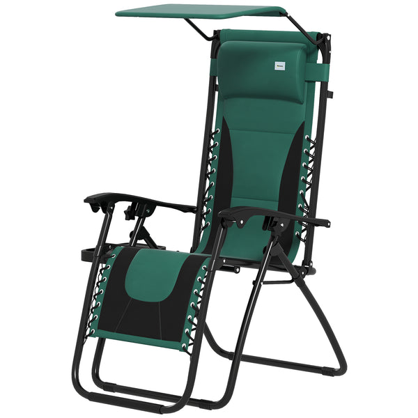 Zero Gravity Lounger Chair, Folding Reclining Patio Chair with Shade Cover, Padded Seat, Cup Holder, Soft Cushion and Headrest for Poolside, Camping, Green