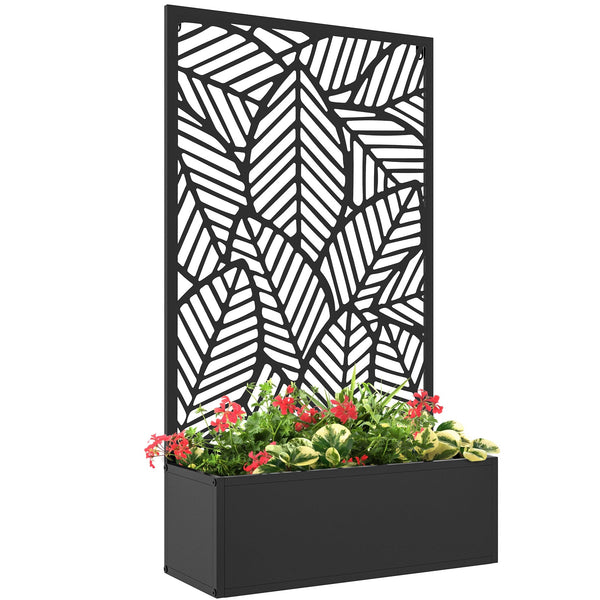 Outsunny Outdoor Privacy Screen with Planter Box, Metal Privacy Panel, and Raised Garden Bed, Wall-Mounted or Freestanding for Garden, Patio, Pool, Hot Tub, Black