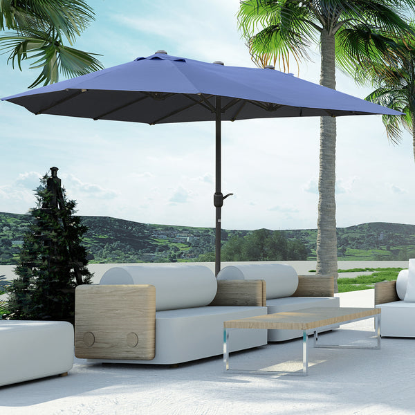 Outsunny Patio Umbrella 15' Steel Rectangular Outdoor Double Sided Market Umbrella with base, Sun Protection & Easy Crank for Deck Pool Patio, Dark Blue