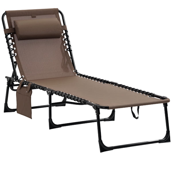 Folding Lounge Chair, Reclining Tanning Chair, Portable Sun Lounger with Adjustable Backrest and Removable Pillow for Patio, Garden, Beach, Brown