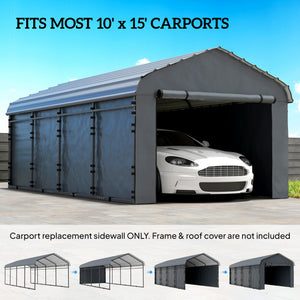 Carport Replacement Canopy Cover Sidewalls for 10' x 15' Carport, UPF50+ Waterproof PE Garage Car Tent Shelter Tarp with Roll up Door, Sidewall ONLY, Dark Grey