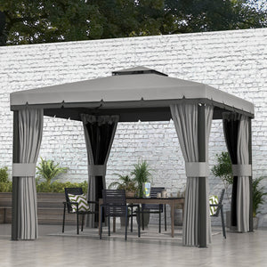 3 x 3(m) Patio Gazebo Canopy Garden Pavilion Tent Shelter Marquee with 2 Tier Water Repellent Roof, Mosquito Netting and Curtains, Aluminium Frame, Light Grey
