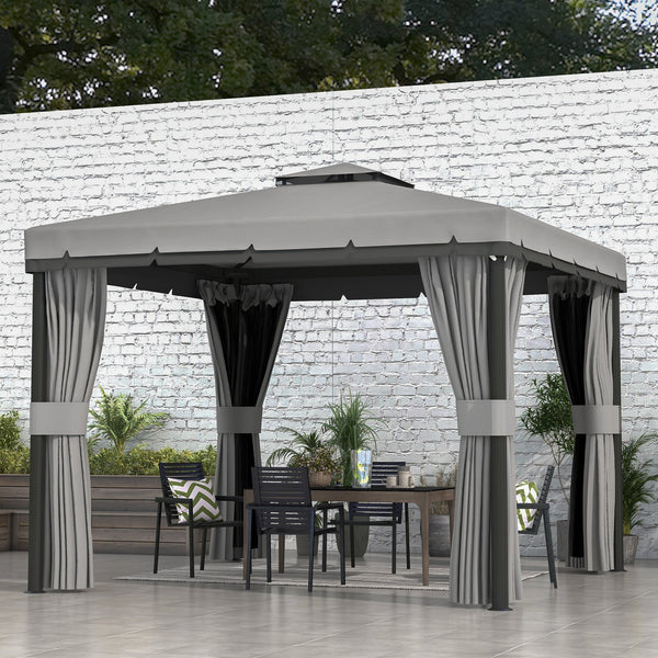 10' x 10' 2-Tier Outdoor Gazebo Canopy Tent with Zippered Mesh Sidewalls, Aluminum Frame for Patio, Backyard, Light Grey