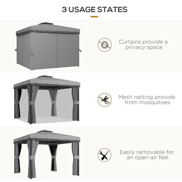 3 x 3(m) Patio Gazebo Canopy Garden Pavilion Tent Shelter Marquee with 2 Tier Water Repellent Roof, Mosquito Netting and Curtains, Aluminium Frame, Light Grey