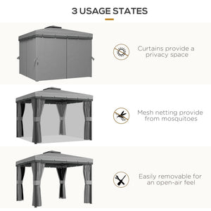 10' x 10' 2-Tier Outdoor Gazebo Canopy Tent with Zippered Mesh Sidewalls, Aluminum Frame for Patio, Backyard, Light Grey