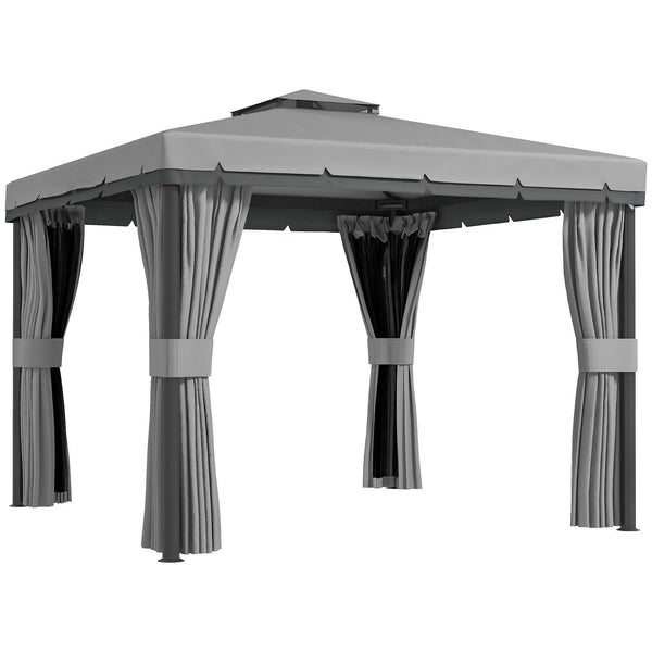 3 x 3(m) Patio Gazebo Canopy Garden Pavilion Tent Shelter Marquee with 2 Tier Water Repellent Roof, Mosquito Netting and Curtains, Aluminium Frame, Light Grey