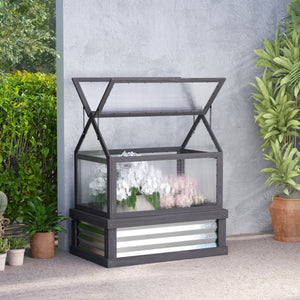Raised Garden Bed with Polycarbonate Greenhouse, Wooden Cold Frame Greenhouse, Garden Flower Planter Protection, Peak Roof, 35.5" x 22.5" x 38.25", Gray