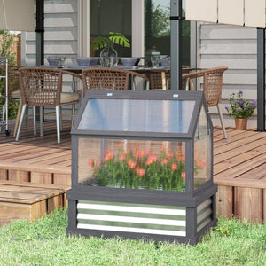 Raised Garden Bed with Polycarbonate Greenhouse, Wooden Cold Frame Greenhouse, Garden Flower Planter Protection, Peak Roof, 35.5" x 22.5" x 38.25", Gray