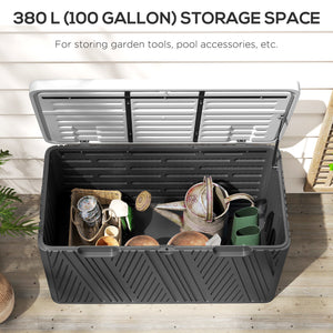 380L Garden Storage Box Outdoor Storage Box Waterproof with Lockable Lid and Moulded Handles, Double-Layer Wood Effect HDPE Deck Box, 115 x 60 x 60 cm