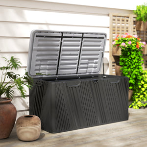 380L Garden Storage Box Outdoor Storage Box Waterproof with Lockable Lid and Moulded Handles, Double-Layer Wood Effect HDPE Deck Box, 115 x 60 x 60 cm