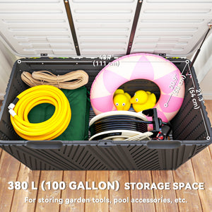 100 Gallon Deck Box Outdoor Storage Box, Waterproof and Lockable , Double-Layer HDPE Patio Storage Box for Patio Furniture, Garden Tools and Pool Accessories