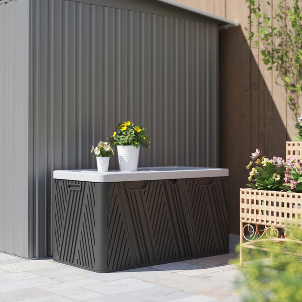 380L Garden Storage Box Outdoor Storage Box Waterproof with Lockable Lid and Moulded Handles, Double-Layer Wood Effect HDPE Deck Box, 115 x 60 x 60 cm