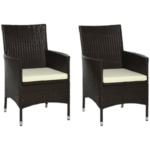 2 Pieces Outdoor PE Rattan Dining Chairs Set with Cushion, Garden Armchair with Armrests, High Backrest, Metal Frame Patio Wicker Furniture, Coffee