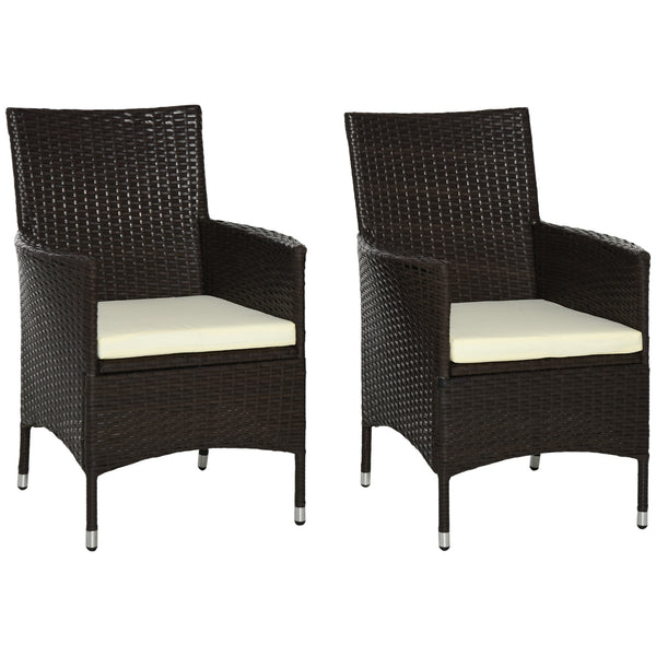 2 Pieces Outdoor PE Rattan Dining Chairs Set with Cushion, Garden Armchair with Armrests, High Backrest, Metal Frame Patio Wicker Furniture, Coffee