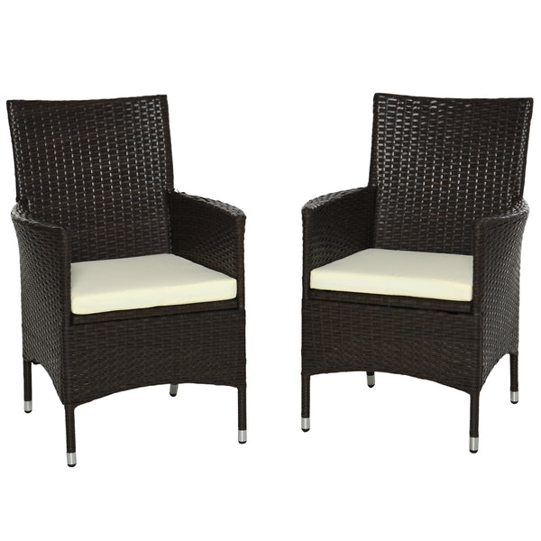 2 Pieces Outdoor PE Rattan Dining Chairs Set with Cushion, Garden Armchair with Armrests, High Backrest, Metal Frame Patio Wicker Furniture, Coffee