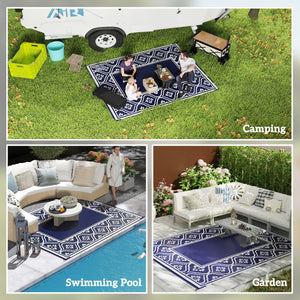 Reversible Outdoor RV Rug with Carry Bag, 8' x 10' Patio Floor Mat, Plastic Straw Rug for Backyard, Deck, Picnic, Beach, Camping, Gourd Border, Blue and White