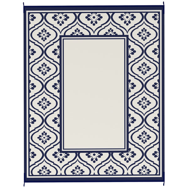 Reversible Outdoor RV Rug with Carry Bag, 8' x 10' Patio Floor Mat, Plastic Straw Rug for Backyard, Deck, Picnic, Beach, Camping, Gourd Border, Blue and White
