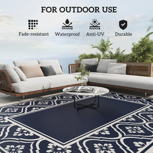 Reversible Outdoor RV Rug with Carry Bag, 8' x 10' Patio Floor Mat, Plastic Straw Rug for Backyard, Deck, Picnic, Beach, Camping, Gourd Border, Blue and White