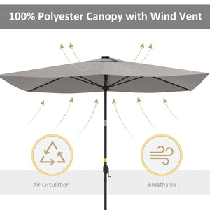 6.5x10ft Patio Umbrella Rectangle Solar Powered Tilt Aluminum Outdoor Market Parasol with LEDs Crank (Light Grey)