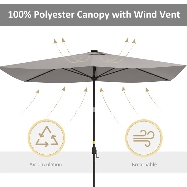 6.5x10ft Patio Umbrella Rectangle Solar Powered Tilt Aluminum Outdoor Market Parasol with LEDs Crank (Light Grey)
