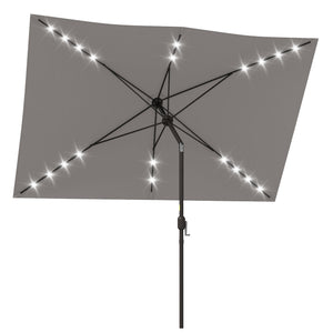 6.5x10ft Patio Umbrella Rectangle Solar Powered Tilt Aluminum Outdoor Market Parasol with LEDs Crank (Light Grey)